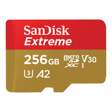 SanDisk Extreme microSDXC, SQXA1, V30, U3, C10, A2, UHS-I, 160MB/s R, 90MB/s W, 4x6, Lifetime Limited - 256GB