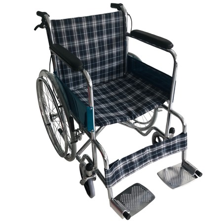 Wheelchair รถเข็น ผู้ป่วย เหล็กชุบ พับได้ รุ่นมาตรฐาน พร้อมเบรคมือ - Blue