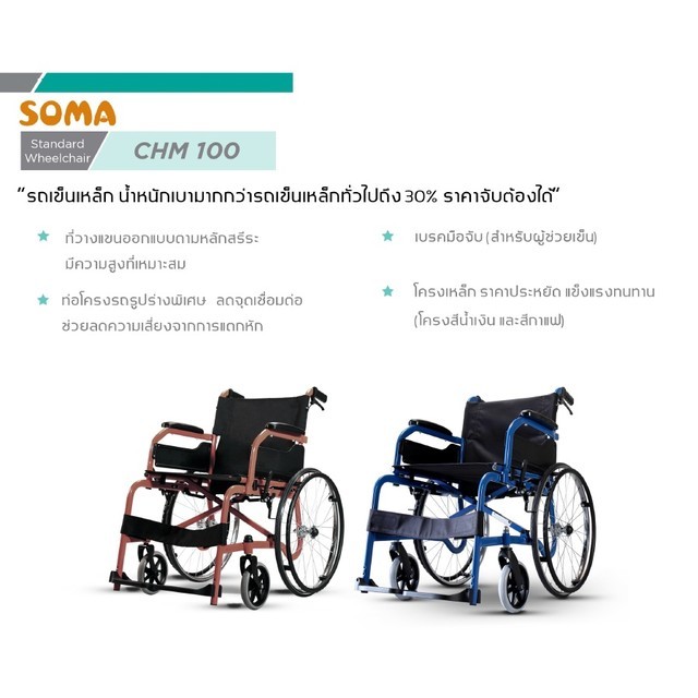 Soma รถเข็น รุ่นมาตรฐาน น้ำหนักเบา รุ่น CHAMPION 100 Lightweight Steel Wheelchair - Wemall