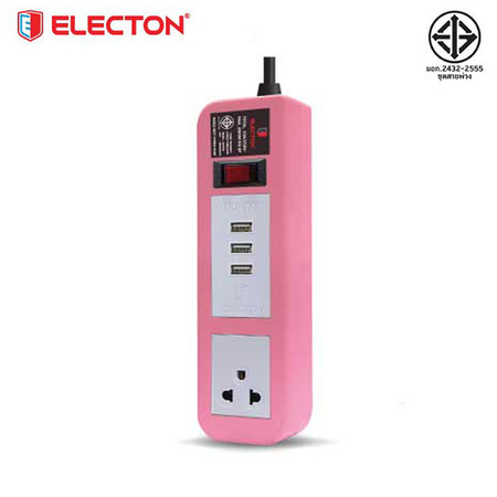 ELECTON ชุดสายพ่วง ปลั๊กไฟ คุณภาพ A มอก. 1 เต้า 1 สวิตช์ 2 เมตร 3 USB 10A รุ่น EP-A102U3 สีชมพู