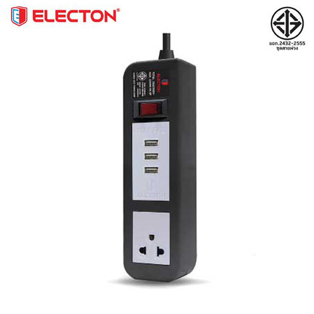 ELECTON ชุดสายพ่วง ปลั๊กไฟ คุณภาพ A มอก. 1 เต้า 1 สวิตช์ 5 เมตร 3 USB 10A รุ่น EP-A105U3 สีดำ