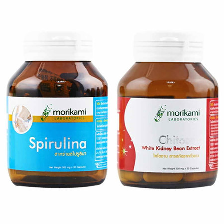 Morikami เซ็ทประกอบด้วย Spirulina บรรจุ 30 แคปซูล และ Chitosan บรรจุ 30 แคปซูล