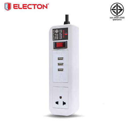 ELECTON ชุดสายพ่วง ปลั๊กไฟ คุณภาพ A มอก. 1 เต้า 1 สวิตช์ 5 เมตร 3 USB 10A รุ่น EP-A105U3 สีขาว