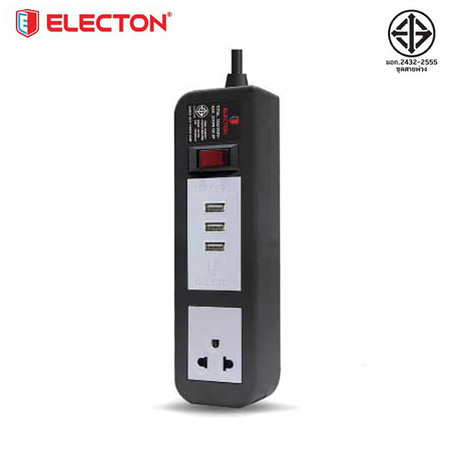 ELECTON ชุดสายพ่วง ปลั๊กไฟ คุณภาพ A มอก. 1 เต้า 1 สวิตช์ 2 เมตร 3 USB 10A รุ่น EP-A102U3 สีดำ