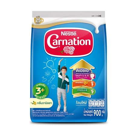 นมผงคาร์เนชั่น 3+ สูตร 4 กลิ่นวนิลลา 900ก.