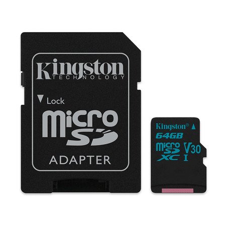 Kingston Canvas Go 64GB MicroSDXC Class 10 U3 UHS-I 4K 90r/45w Memory Card + SD Adapter (SDCG2/64GB)