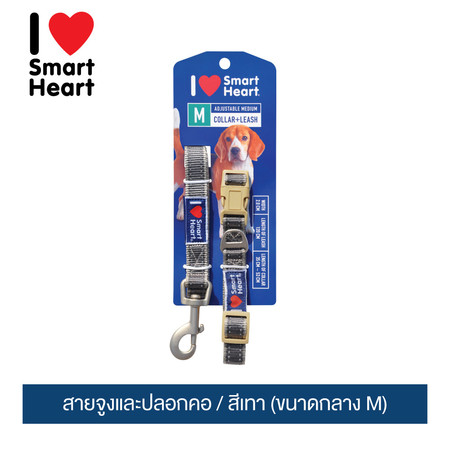 ไอ เลิฟ สมาร์ทฮาร์ท - สายจูงและปลอกคอ/ สีเทา (ขนาดกลาง M)