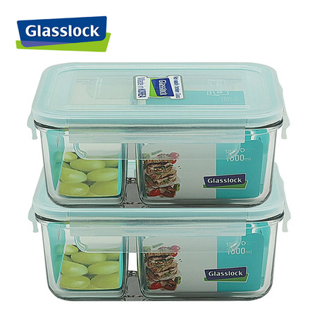 Glasslock ชุดกล่องอาหารแก้ว 2 ใบ ทรงผืนผ้ามีช่องแบ่ง รุ่น MCRK-100-2P