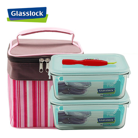 Glasslock ชุดกล่องอาหารแก้ว 2 ใบ พร้อมถุงผ้าเก็บอุณหภูมิ + อุปกรณ์ถอดยางซิลิโคน รุ่น MCRB-110-2C