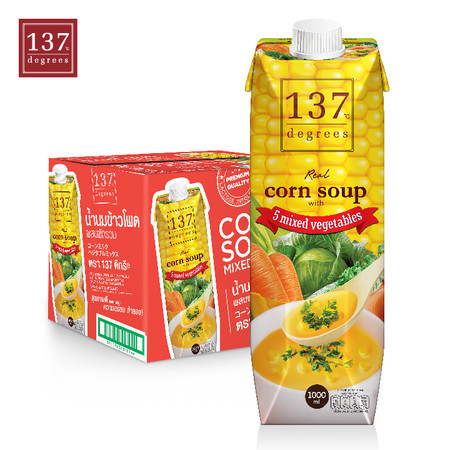 137ดีกรี Corn Soup (นมข้าวโพด สูตรซุปผสมผักรวม) ขนาด 1000 มล. 1 ลัง มี 12 กล่อง