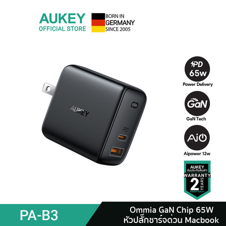 AUKEY PA-B3 หัวปลั๊กชาร์จเร็ว OMNIA Mix 65W Dual-Port PD Wall Charger with GaN Tech รุ่น PA-B3