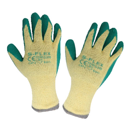 ถุงมือทอเคลือบยางกันบาดกันลื่น S-FLEX รุ่น 300g สีเขียว-เหลือง Size L