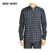 era-won เสื้อเชิ้ต รุ่น OXFORD SHIRT ANTI-BACTERIA ทรง Slim คอจีน - สีเทาน้ำเงินลายตาราง (ChaCoal)