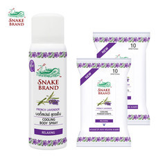 Snake Brand ตรางู คูลลิ่ง บอดี้สเปรย์ สูตรเย็น รีแล็กซิ่ง กลิ่นลาเวนเดอร์ 50 มล.1 กระป๋อง + คูลลิ่ง พาวเดอร์ชีท รีแล็กซิ่ง ทิชชู่เย็น กลิ่นลาเวนเดอร์ 10 แผ่น 2 ห่อ