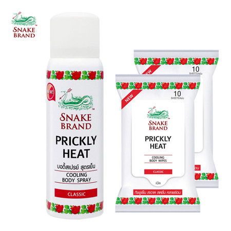 Snake Brand ตรางู ปริกลี่ฮีท คูลลิ่ง บอดี้สเปรย์ สูตรเย็น คลาสสิค 50 มล.1 กระป๋อง + ทิชชู่เย็นตรางู ปริกลี่ฮีท คูลลิ่ง บอดี้ไวพ์ คลาสสิค 10 แผ่น 2 ห่อ