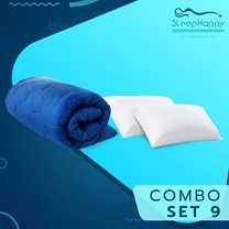 SleepHappy COMBO SET 9 ที่รองที่นอน ท็อปเปอร์สี Dacron Hybrid สีน้ำเงิน (หนา 3 นิ้ว) + หมอนไมโครไฟเบอร์ (1200 gsm.) 3.5ฟุต ส่งฟรี