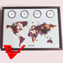 SEIKO Multi-Time Clock นาฬิกาแขวนไม้แท้ แผนที่โลก ทรงเหลี่ยม 24 นิ้ว รุ่น QXA648B